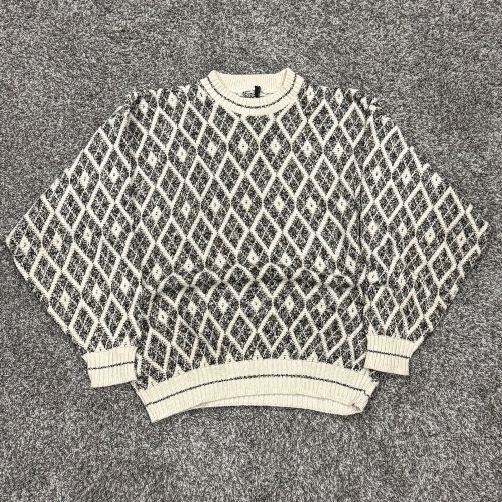 Vintage 90s Bill Blass Diamond Argyle 3D Knit Sweater Mens L Cream Geometric